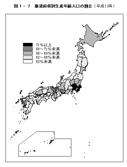 都道府県別生産年齢人口の割合(平成12年)